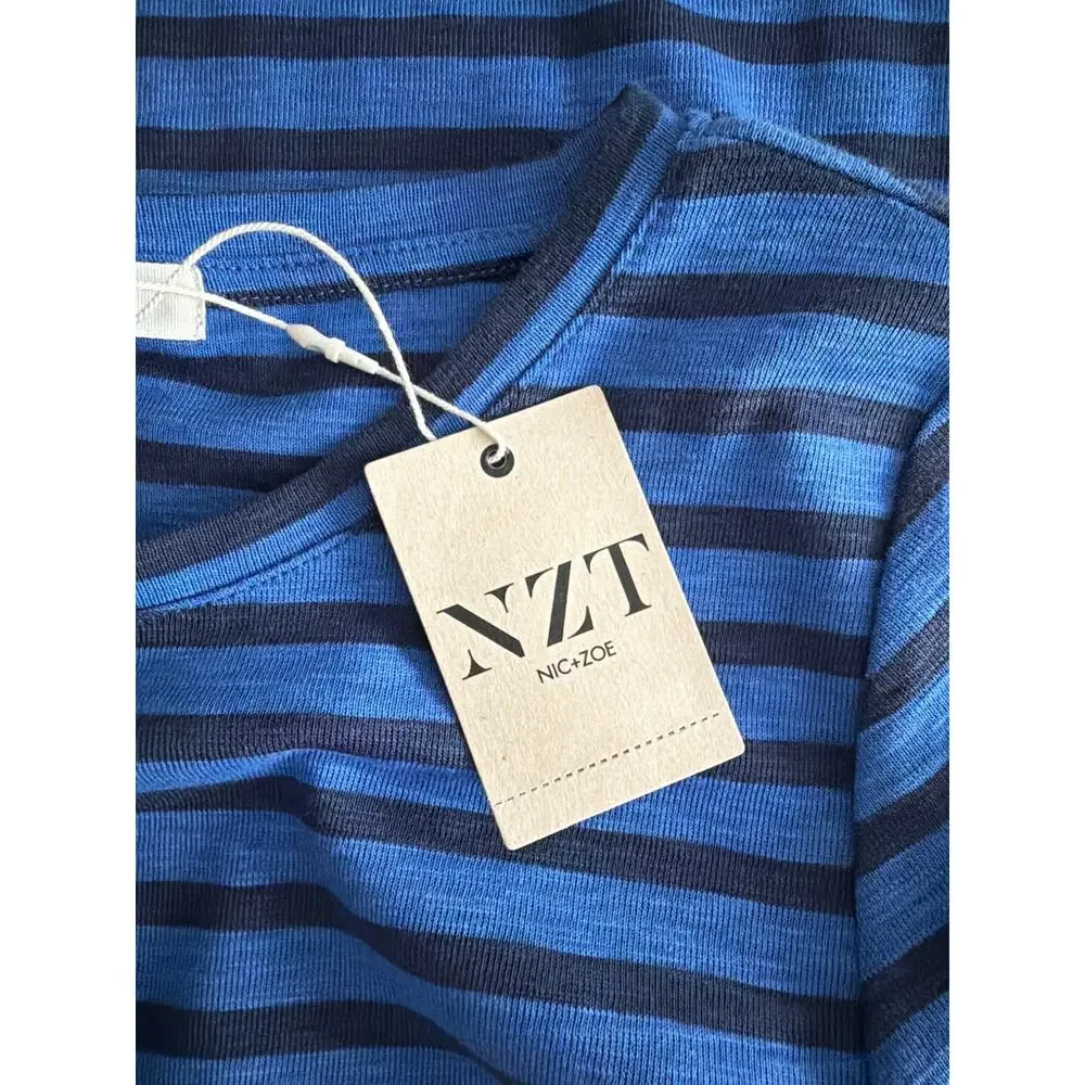NZT Nic+Zoe Crew Neck T-Shirt Stripe Short Sleeve Blue Women's Small NEW